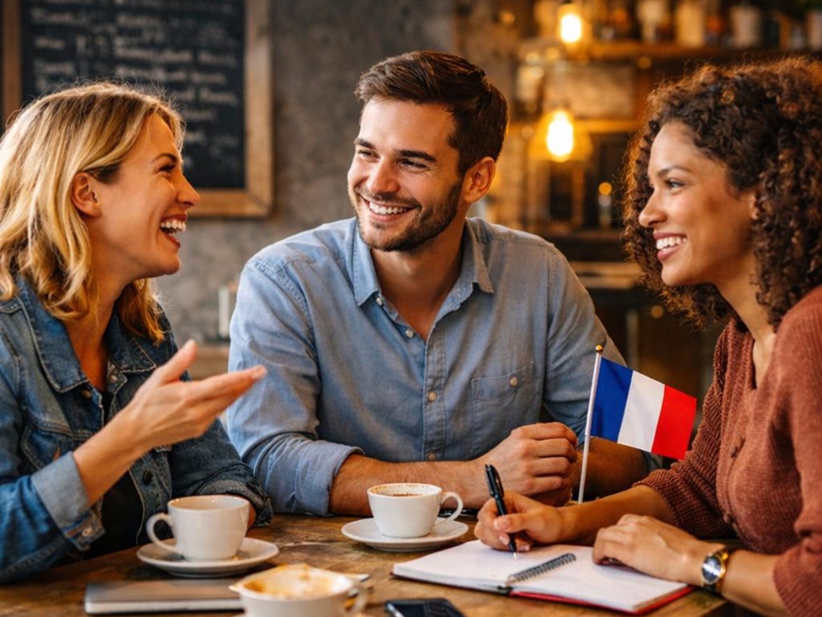 Trois personnes discutent en riant autour d’un café, un petit drapeau français posé sur la table