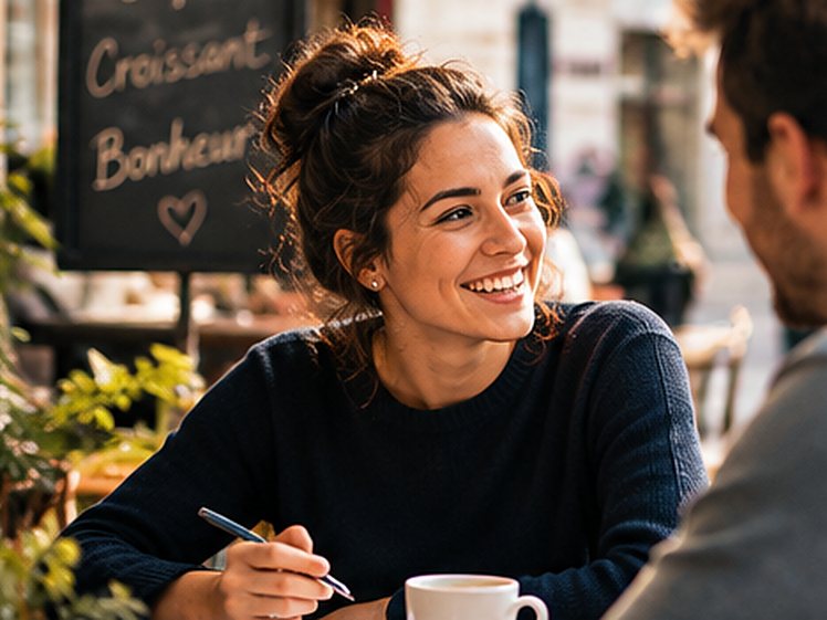 Une femme souriante prend des notes à la terrasse d’un café, face à son interlocuteur