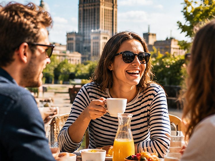 Petit-déjeuner en terrasse : une femme rit en tenant une tasse de café, une grande tour en arrière-plan