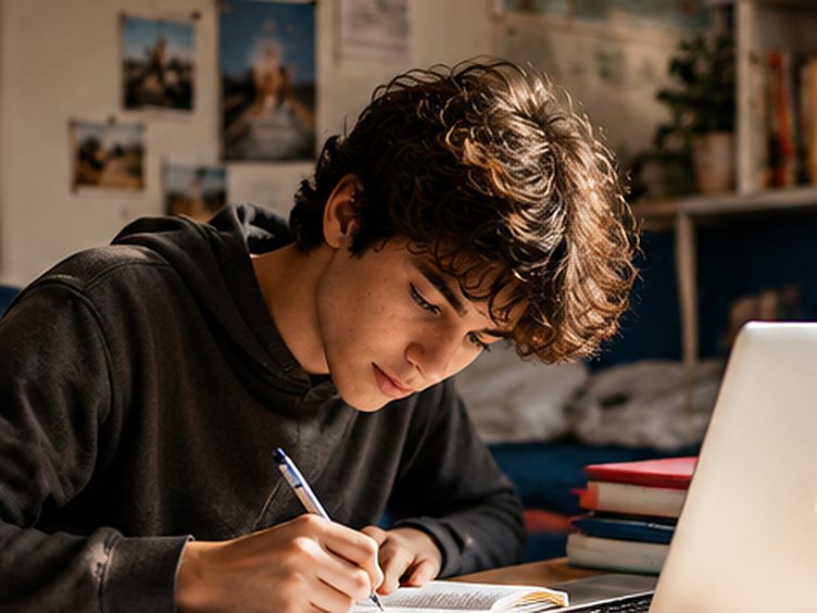 Un lycéen concentré écrit dans un cahier, devant son ordinateur