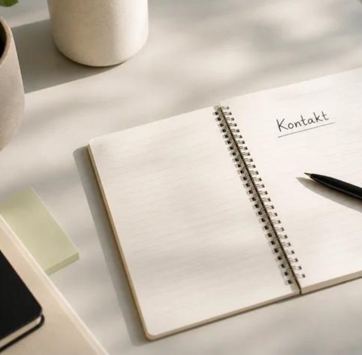 Cahier ouvert sur lequel est écrit « Kontakt », avec un stylo